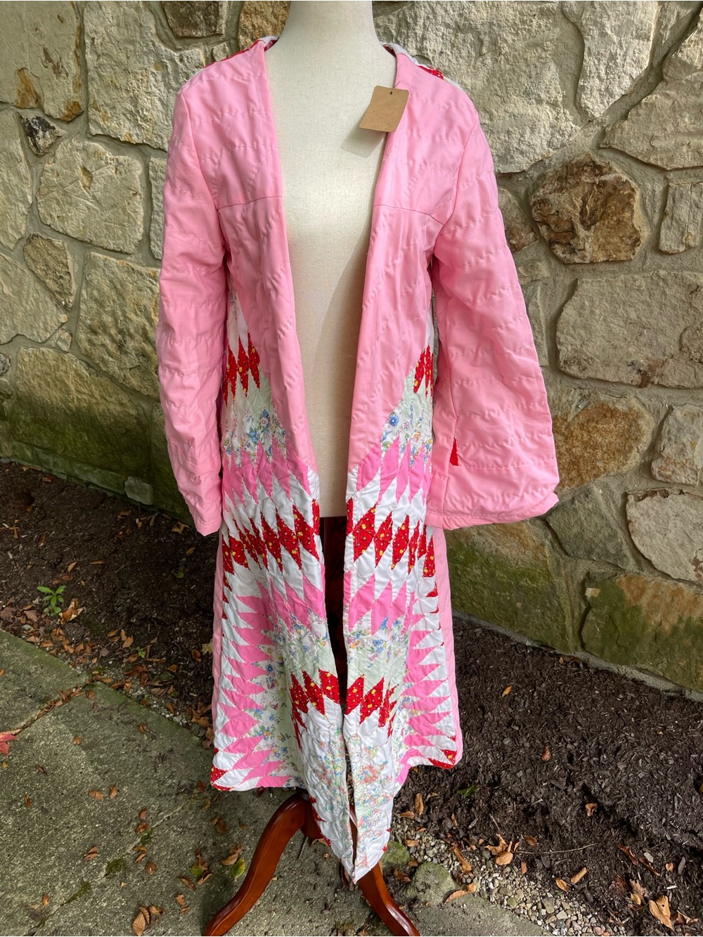 One of a Kind Vintage Quilt Duster Coat Pink Patchwork Handmade Boho S/M